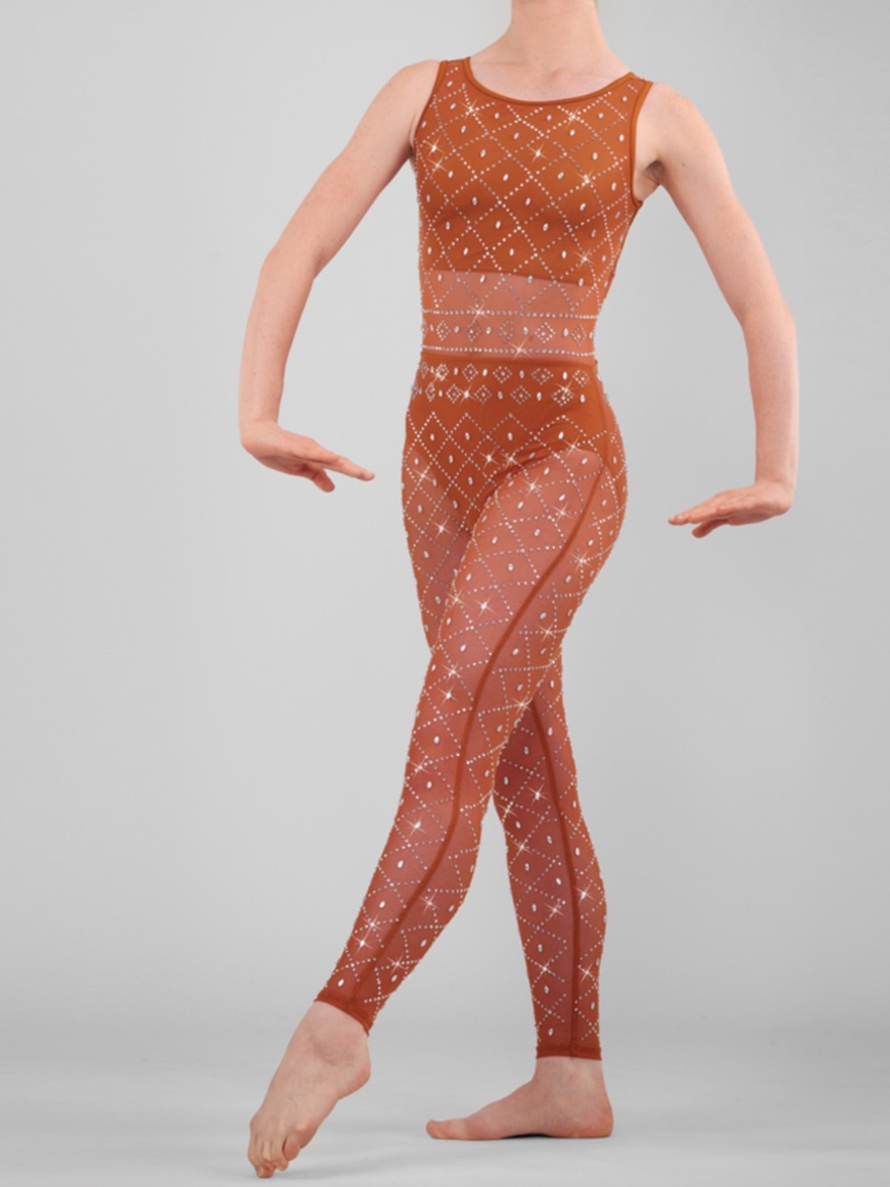 Weissman style 17392 in Copper size SA. Sheer Bodysuit unitard with rhinestones